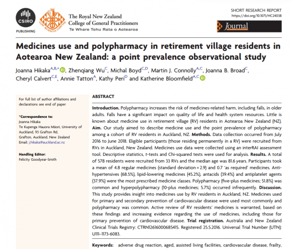 Page heading for Joanna Hikaka's paper, Medicines use and polypharmacy in retire